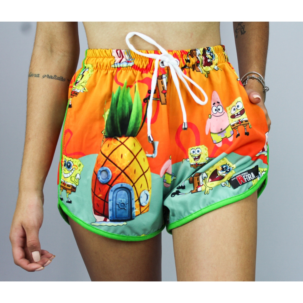 Short Bob Esponja Feminino Academia Verão Ciclista gringo, leve e soltinho, shortinho para academia, saída de praia , férias Summer, moda verão , roupa de academia , Canga,  Piscina Secagem Rápida Academia Treino Moda Praia - Envio Rápido