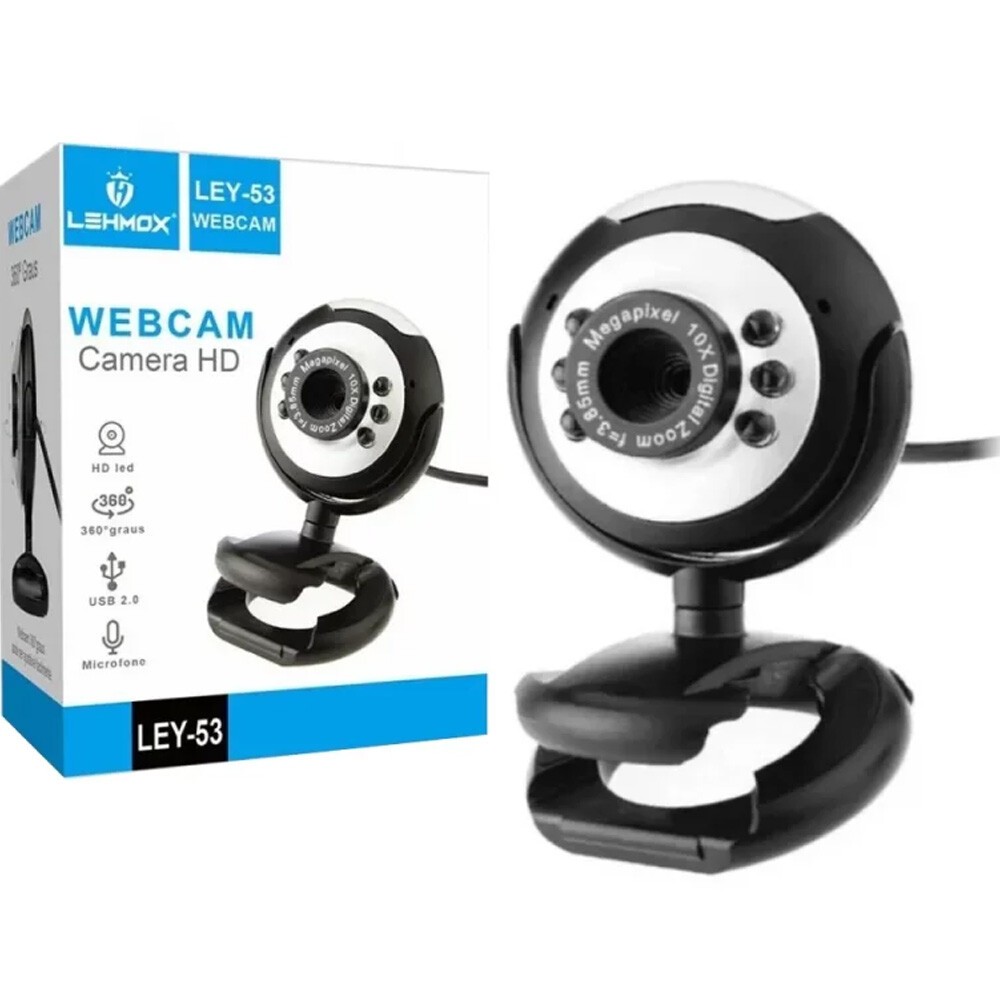 Webcam HD 720P USB 2.0 6 LEDs e Microfone Embutido Ângulo 360º Graus LEY-53 - Preto - Lehmox