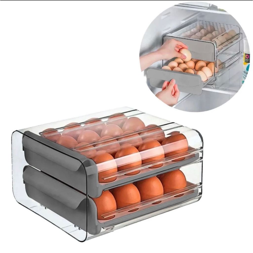 Gaveteiro Duplo em Plástico Tipo Porta 32 Ovos com Diversas Cores para Cozinha Geladeira