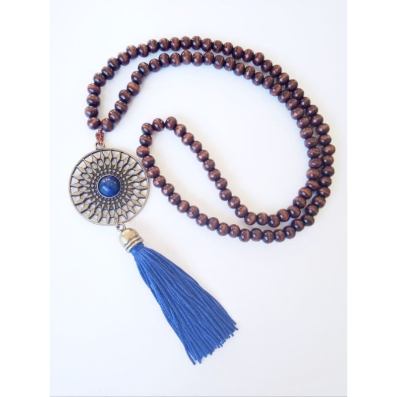 Imagem Japamala 108 Contas Madeira Mandala Ouro Velho, Pedras Naturais Lápis Lazuli Rosário Budista Ref:335