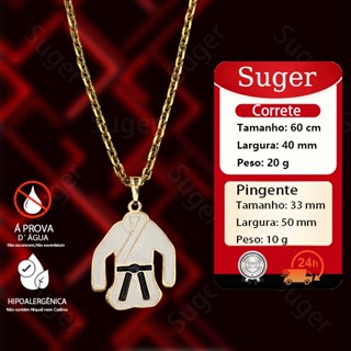 kit Corrente Cordão Baiano 4mm Longa Banhada Ouro 18K + colares masculinos com Pingente Quimono Faixa Preta Luta 316L