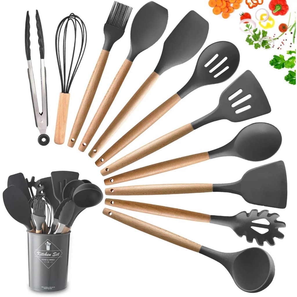 KIT de Utensílios Para Cozinha em Silicone e Bambu 12 Peças Colher Espátula