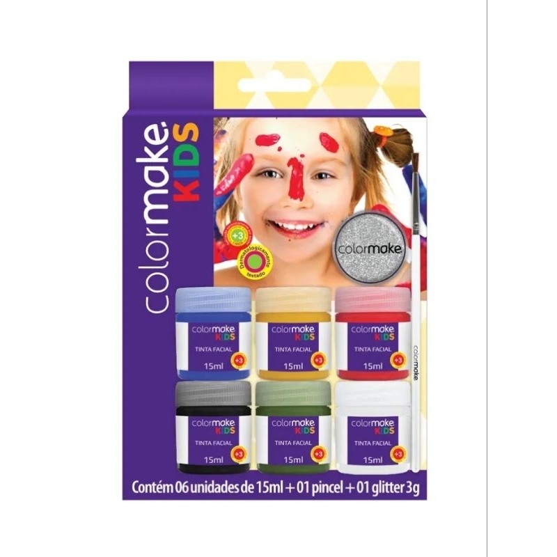 Kit tinta facial líquida infantil 6 cores + pincel e glitter prata