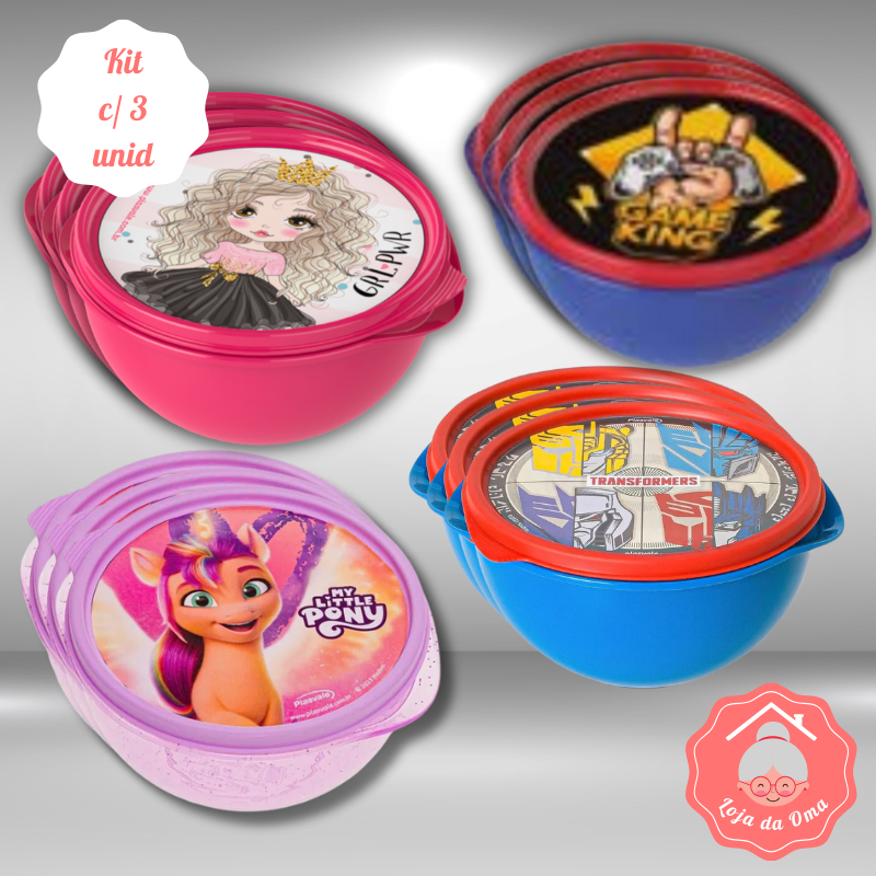 Kit com 3 Potinho Biovitinha (bowl com tampa) Pote 250 ml Plasvale - My Little Pony - Transformers - Gamer - Boneca/ Lanchinho / lancheira / infantil / kids / tapoer / marmitinha / cambuca / vasilha