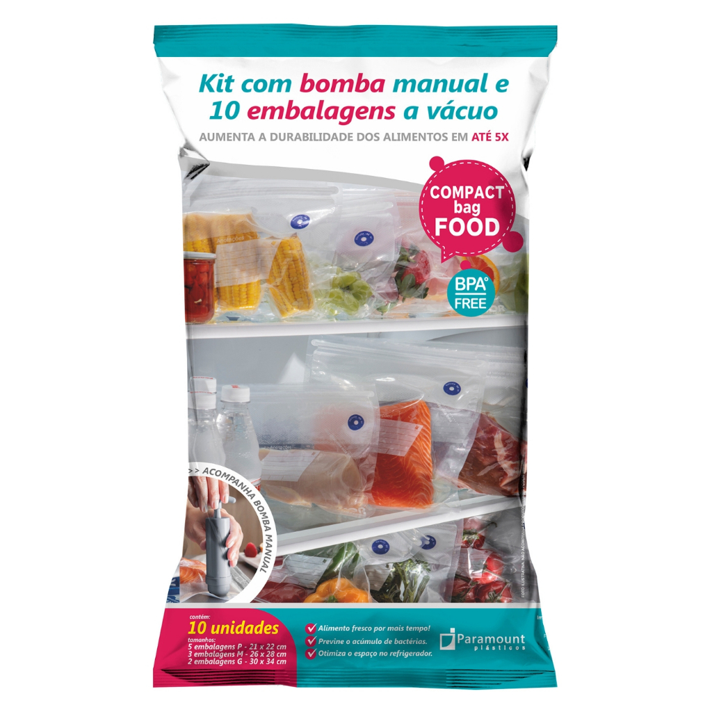 Kit com 10 Sacos a Vacuo + Bomba Manual Embalagem a Vacuo Reutilizavél Comida Compact Food Paramount