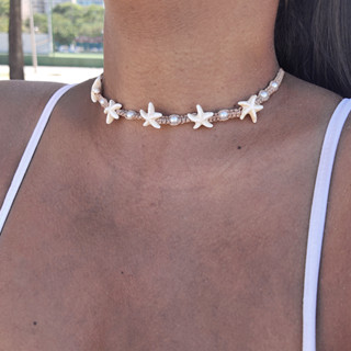 Choker colar de estrelas e pérolas praia macramê praiano moda praia verão feminino artesanal com regulagem