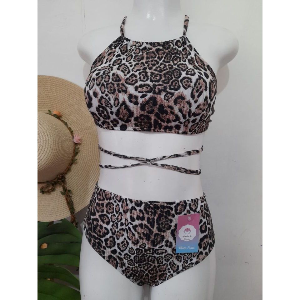 Biquíni Top Cropped hot Pants Cintura alta  biquini sem bojo Canelado  Animal print / Preto conjunto