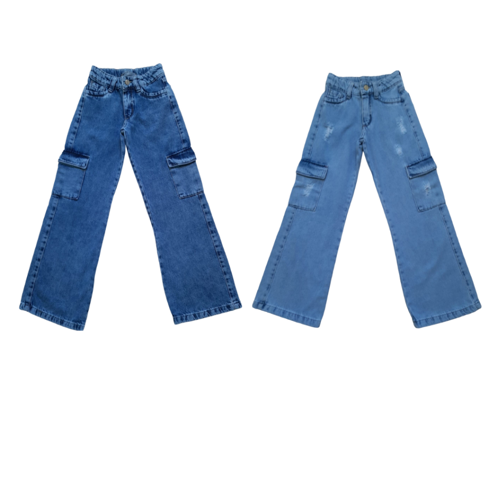 Calça Jeans Feminina Pantalona Cargo Infantil Juvenil 8->16
