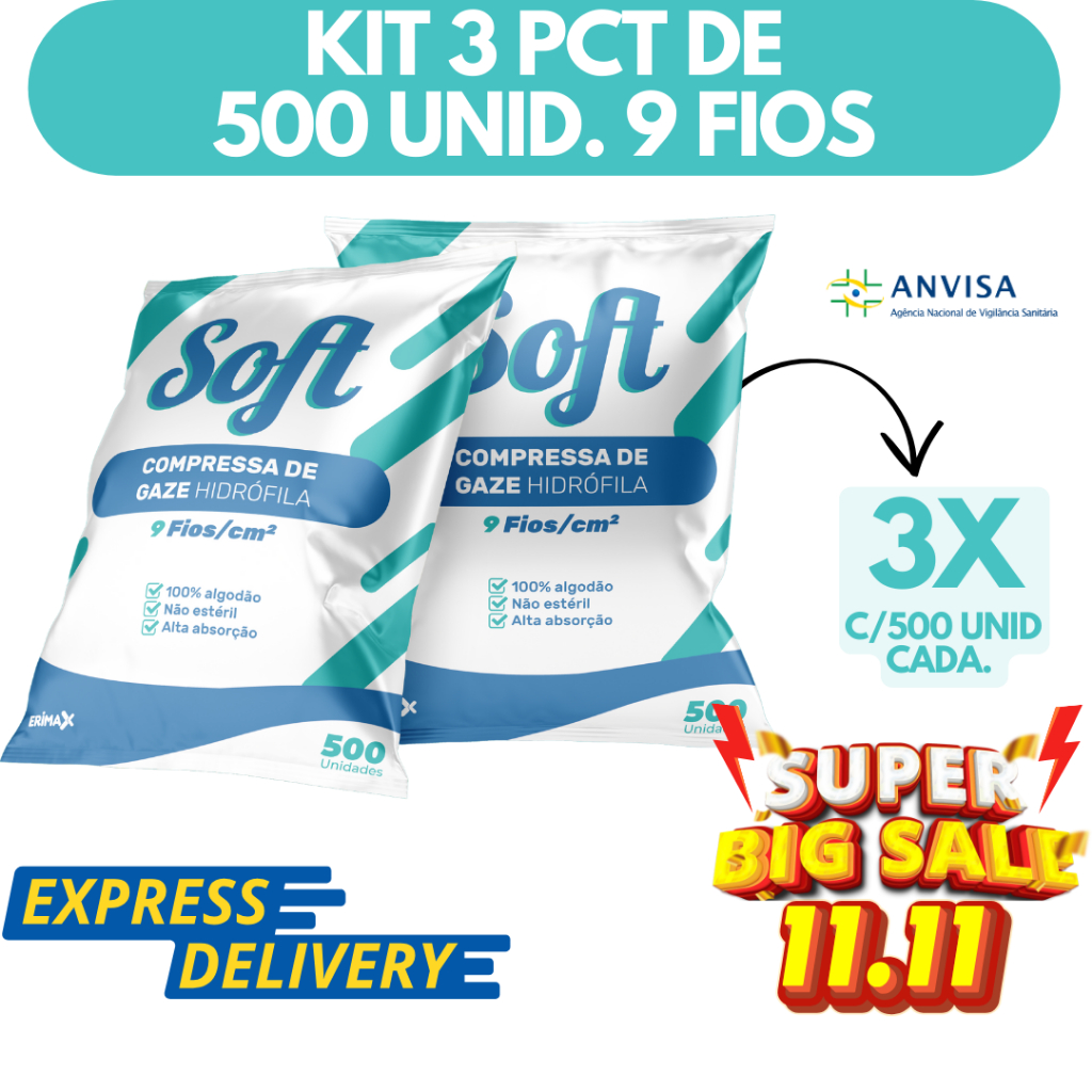 Kit 3 Compressa De Gaze 9 Fios 1500 Unidades Soft Hidrófila Gazes Descartável Anvisa em Oferta na Shopee