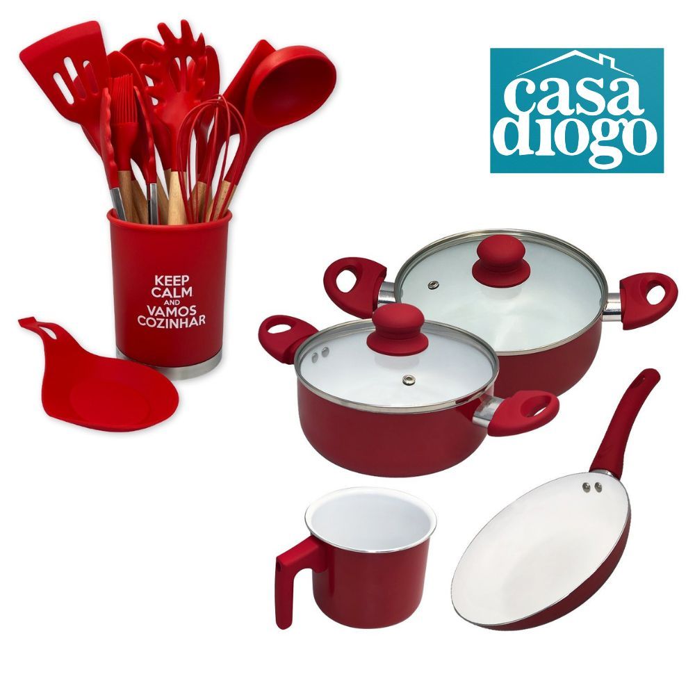 Luxo Kit Utensílios De Cozinha Silicone E Conjunto De 4pçs Panela De Cerâmica Frigideira Caçarola Não Risca Vermelho