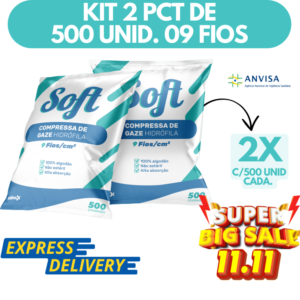 Kit 2 Compressa De Gaze 9 Fios 1000 Unidades Soft Hidrófila Gazes Descartável Anvisa em Oferta na Shopee