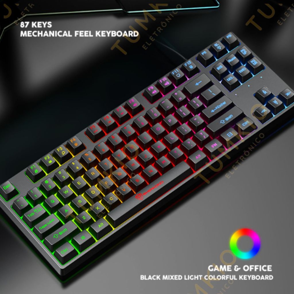 Teclado semimecânico com luzes coloridas e 87 teclas com fio em Oferta na Shopee