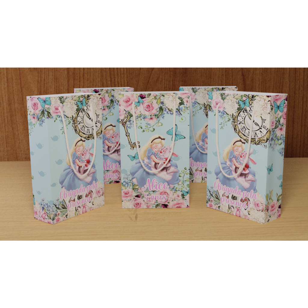 Kit Sacolinha Surpresa Personalizada Alice no país das maravilhas - 17x10x4cm - Papel Offset Fosco 180g