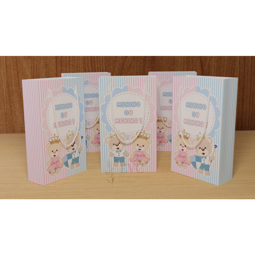 Kit Sacolinha Surpresa Personalizada Chá de Revelação Ursinhos - 17x10x4cm - Papel Offset Fosco 180g