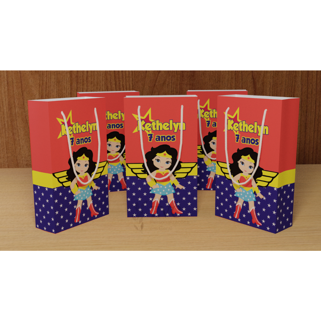 Kit Sacolinha Surpresa Personalizada Mulher Maravilha Cute - 17x10x4cm - Papel Offset Fosco 180g