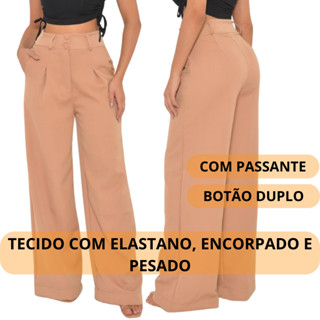Calça alfaiataria social cintura alta feminina wide leg com passante e botão duplo