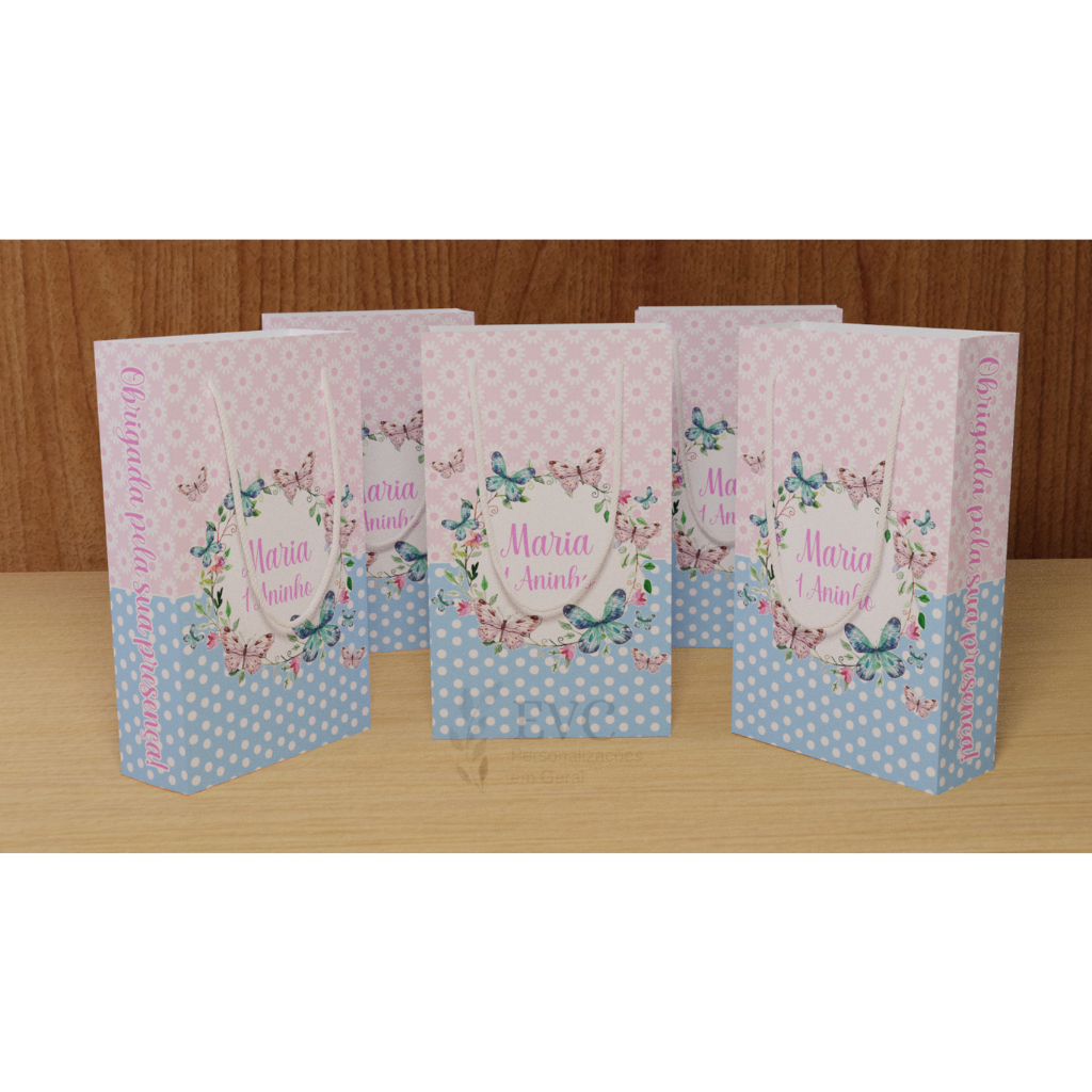 Kit Sacolinha Surpresa Personalizada Jardim das Borboletas - 17x10x4cm - Papel Offset Fosco 180g