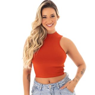 Cropped Feminino Canelado Com Gola Moda Verão Roupa Feminina