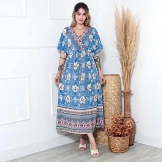 Vestido longa manga curta estampado gola V com corda 2122 em Oferta na Shopee