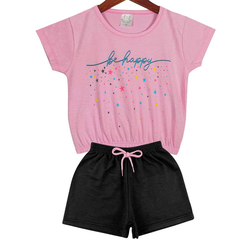 Conjunto Infantil Be Happy Rosa Menina - Duas Peças: Shorts + Cropped - Tamanho 02 a 10
