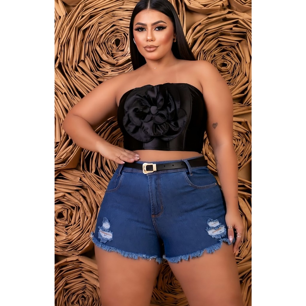 Short jeans Plus Size Hot-Paint C/ Lycra  Barra Desfiada  + Cinto em Oferta na Shopee