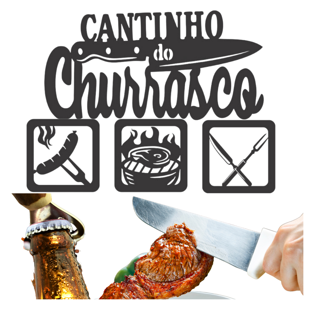 Kit Decoração Cantinho Churrasco MDF 4 Peças Quadros Personalizados Gourmet Preto Fosco Área Parede Inox Café 8x18x20x40x50cm Suporte Porta Espetos Cru 03cm Aparador Piscina Plaquinha Bem Vindo Bebidas Bar Marcas Maleta Quatro Utensílios 03 Tábua Carnes