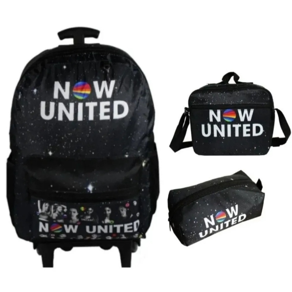 kit mochila now united infantil juvenil escolar de rodinhas lancheira termica com estojo