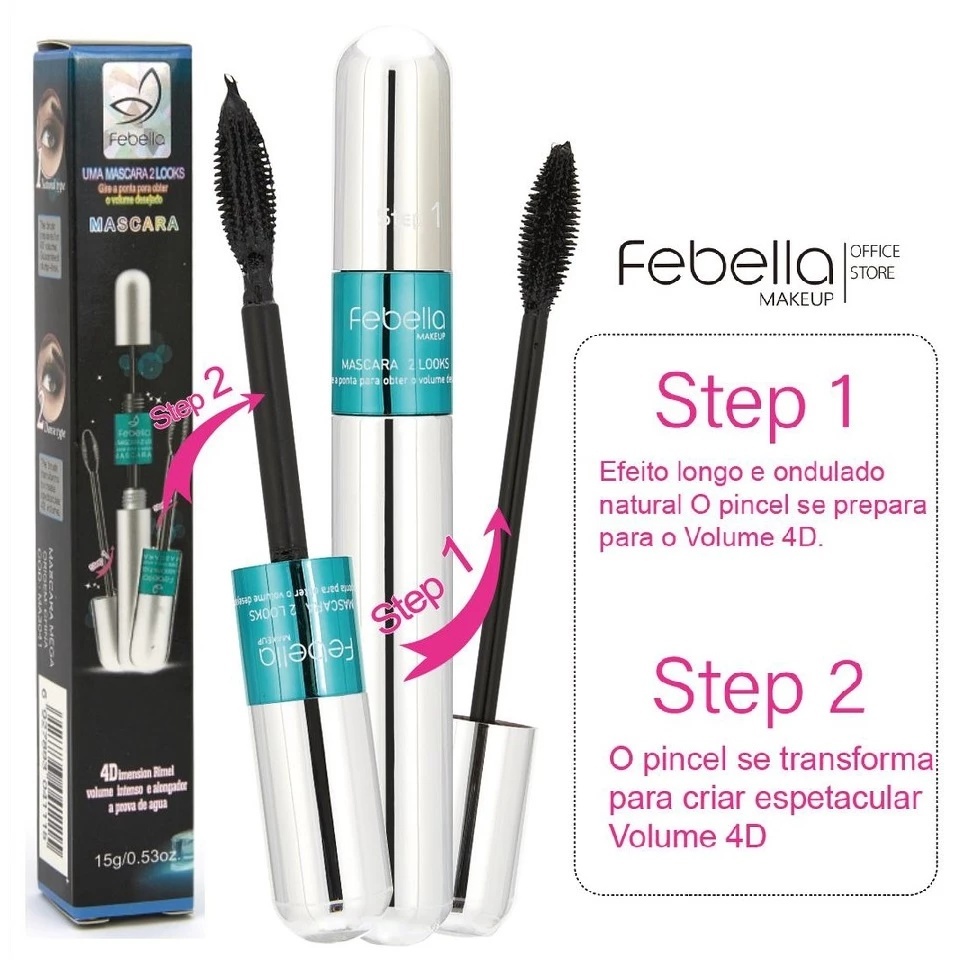 Máscara P/ Cílios Rímel prova d' água 2 Em 1 Volume Extra febella