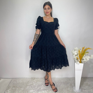 vestido midi luxo manga curto tecido de lese0980