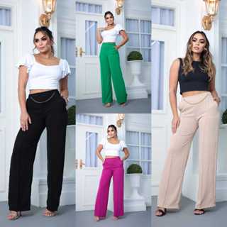 Calça Feminina Pantalona Wide Leg Social Alfaiataria Tecido Duna Com Corrente