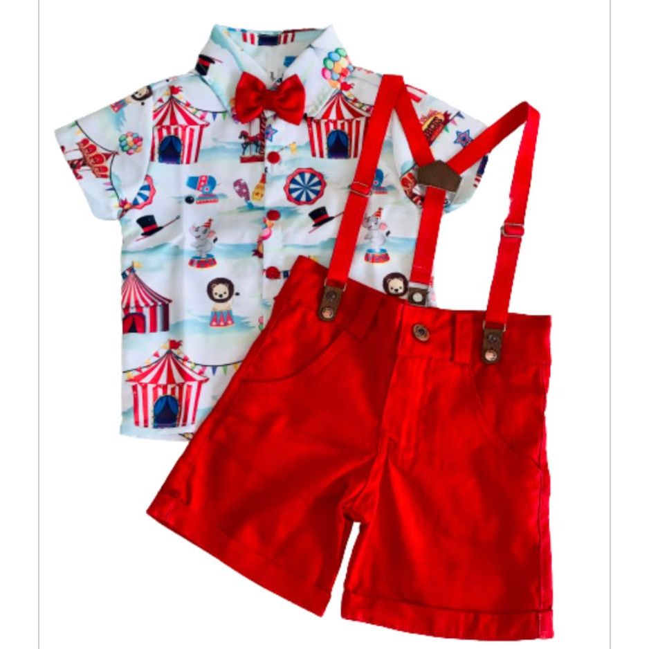 CONJUNTO temático CIRCO PALHAÇO Camiseta menino roupa festa Bermuda com Suspensórios