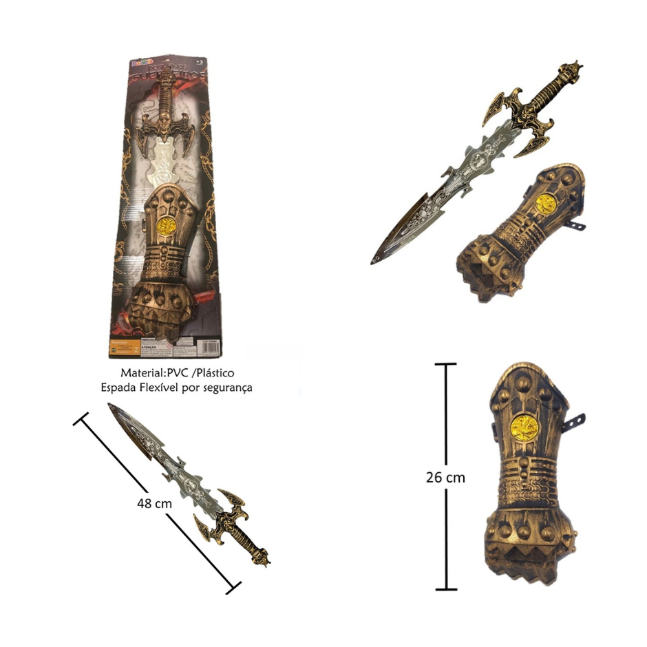 KIT CAVALEIRO MEDIEVAL ESPADA E BRACELETE COMBO 2 PEÇAS BRINQUEDO FANTASIA DECORATIVA