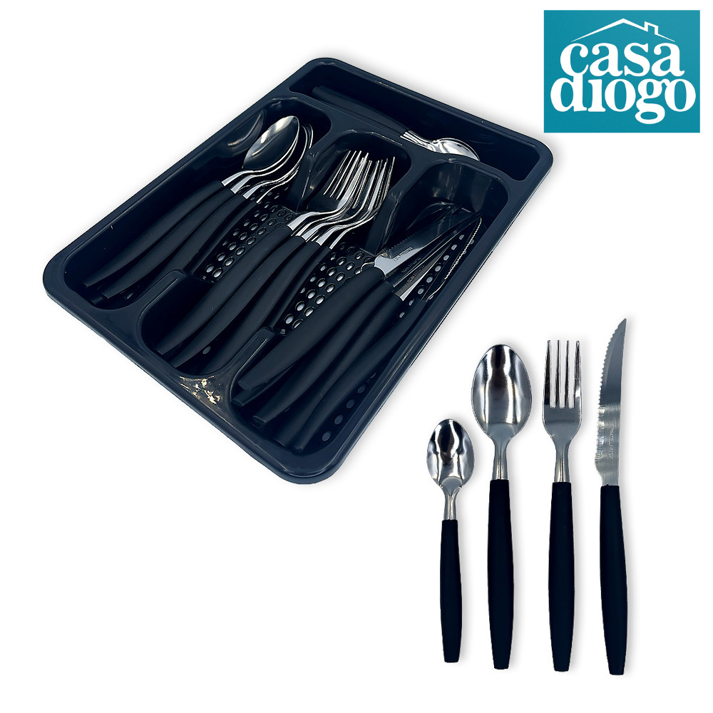 Kit Utensílios Cozinha Faqueiro Aço Inox Conjunto Com Gaveteiro Preto