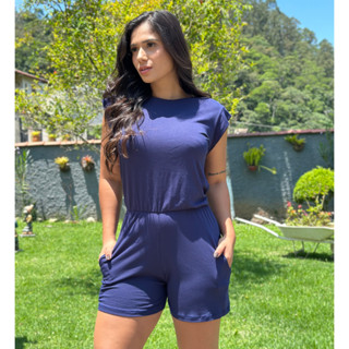 Macaquinho Feminino Soltinho Curto Com Bolsos Elástico na Cintura Macacão
