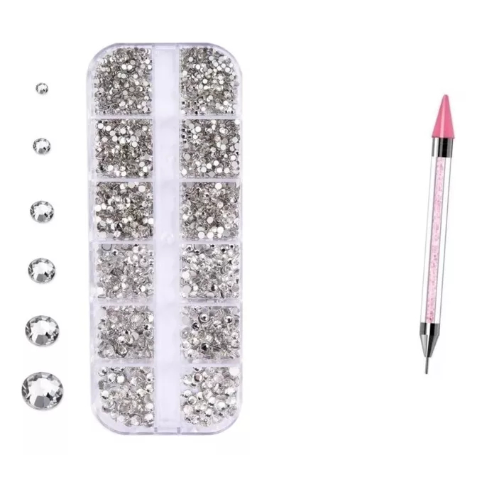 Strass Unha Nail Arte Pedrinhas Prata + Caneta Pega Strass