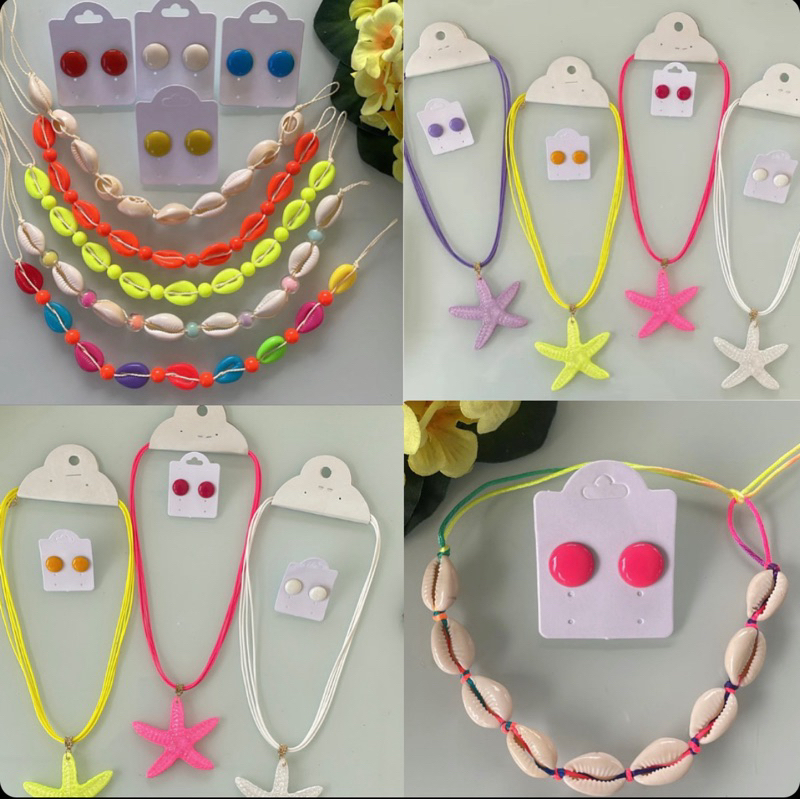 Kit 10 colares estrela do mar com brinco + 10 Chocker búzios com brinco botão 1 cm sortidas femininas coloridas