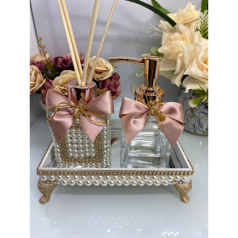kit Lavabo luxo aromatizador de ambiente saboneteira com bandejinha Rose gold