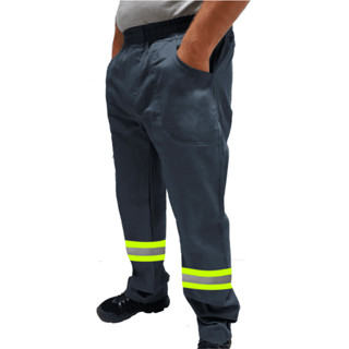 Calça de Uniforme Eletricista Brim Profissional Reforçada Com Faixa Refletiva Verde
