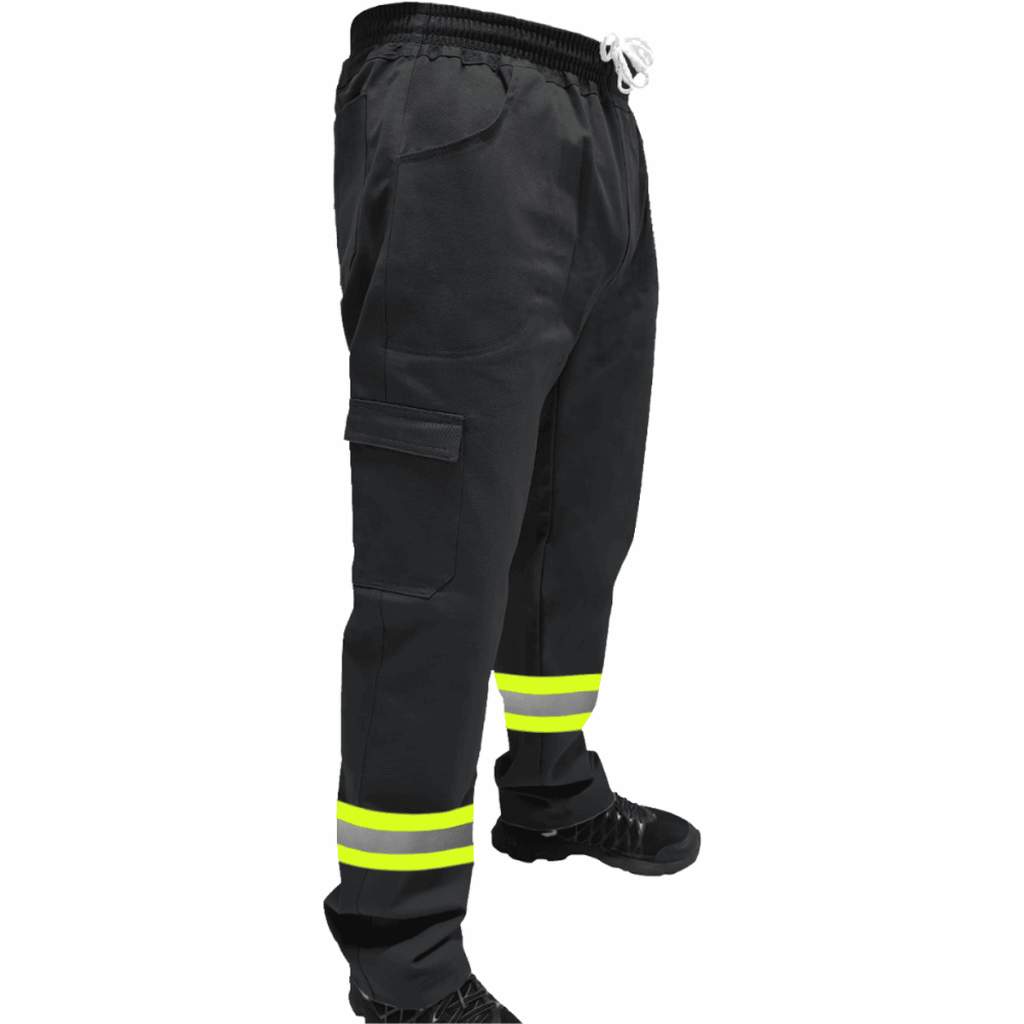 Calça de Uniforme Soldador Brim Profissional Reforçada Com Faixa Refletiva Verde