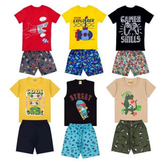 6 Peças Kit Verão Masculino 3 Camisetas + 3 Bermudas Infantil Juvenil Menino 1 ao 16