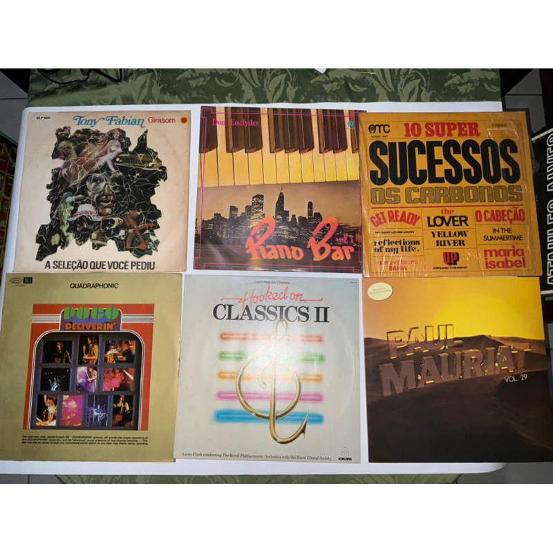 lote de 6 lp Tony Fabian girasom a seleção que você pediu, piano bar Don Euclydes, os carbonos 10 super sucessos, poco deliverin', hooked on classics II, Paul mauriat Vol 29 disco de vinil lps