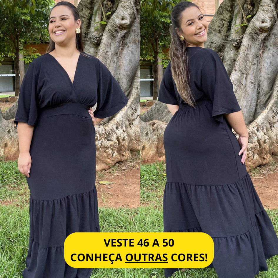 Vestido Longo Feminino Plus Size Decote V Decotado Tecido Duna Crepe Duna