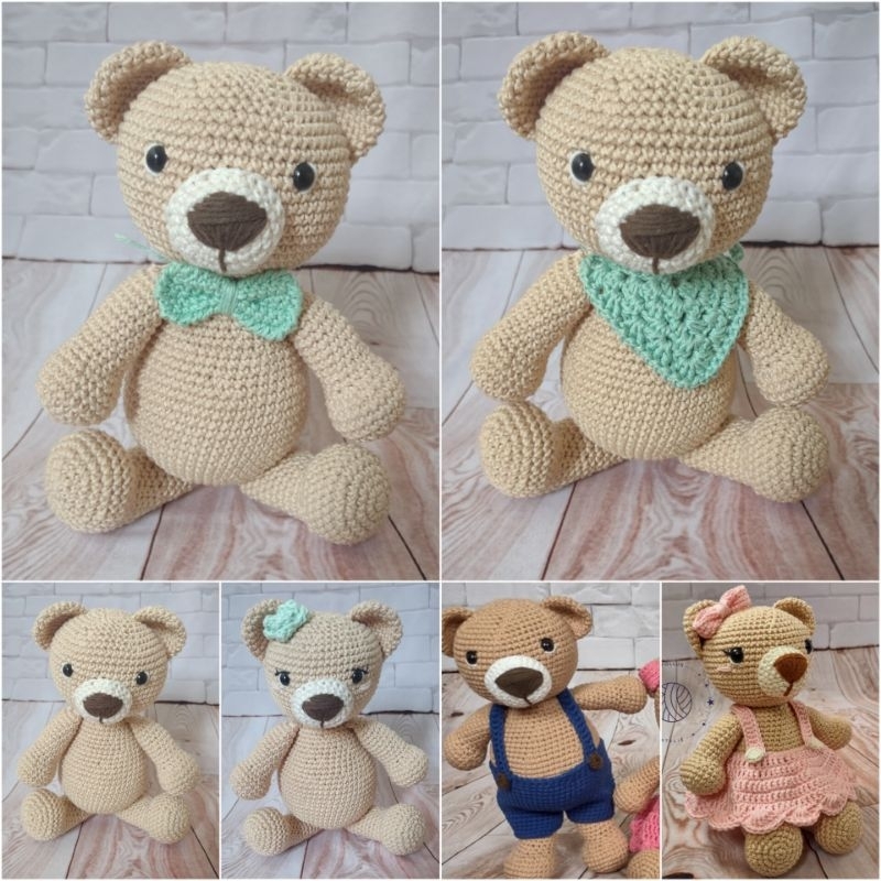 Urso ursinho em crochê amigurumi - Vestido com botão/ Suspensório
