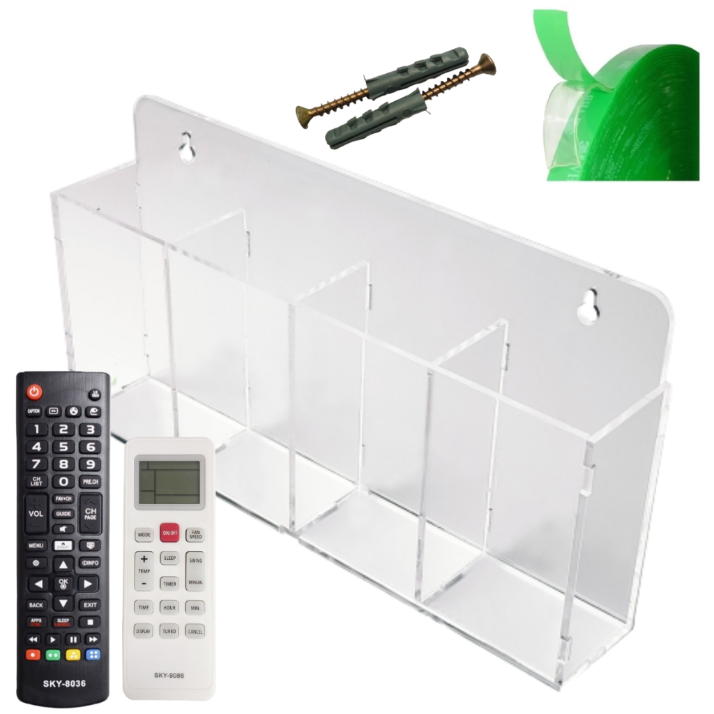 Imagem Suporte Controle Remoto Acrílico Cristal Parede Mesa Televisão Ar Condicionado 4 Compartimentos