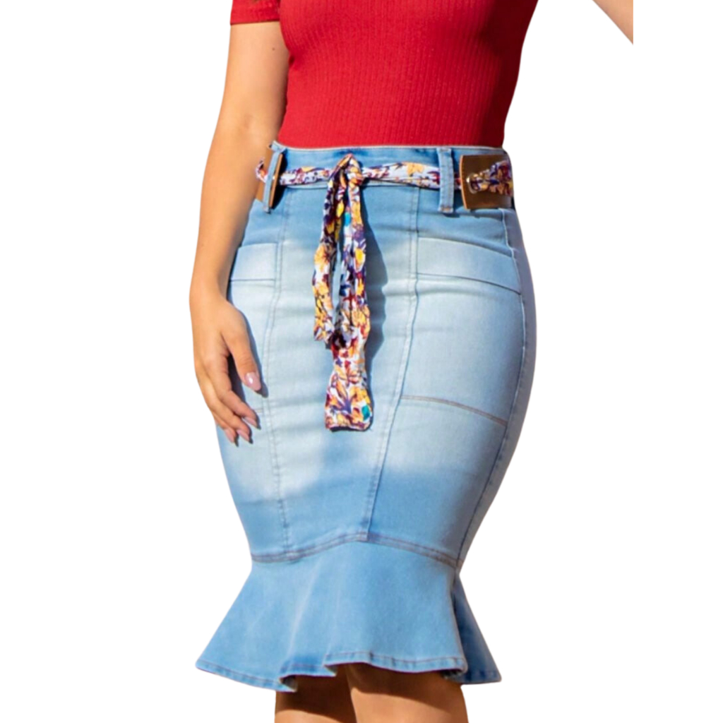 Saia Jeans Sino Com Elastano Moda Evangélica Magda