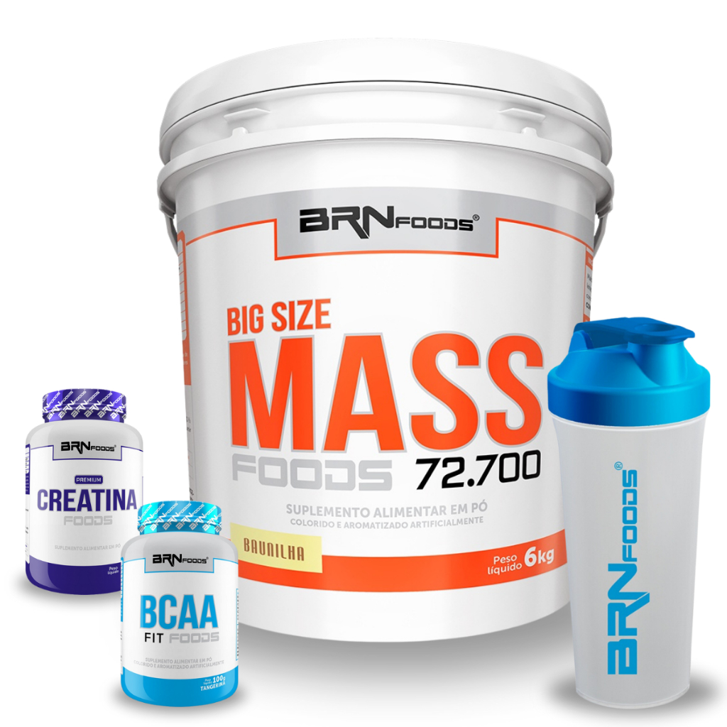 Kit Hipercalórico Big Size Mass 6kg + BCAA FIT 100g + Premium Creatina 100g + Coqueteleira – BRNFOODS Suplemento para Ganho de Massa Muscular e Definição