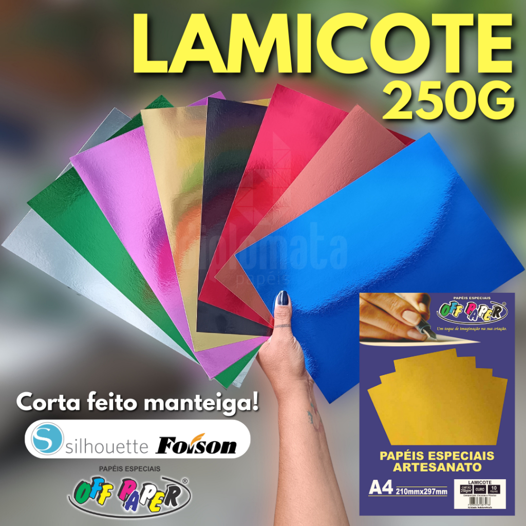 Papel Lamicote 250g A4 Offpaper (Pct c/ 10 Fls ou Kit c/ 8 Cores) Verso Branco - Corta Igual Manteiga na Plotter de Recorte! Dourado Rose Gold Prata Cobre Azul Preto Vermelho Verde Ouro Rosa Off Paper