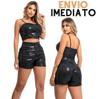 Shorts Paetê Brilho Lantejoulas Plus Size Moda Feminina Forrado