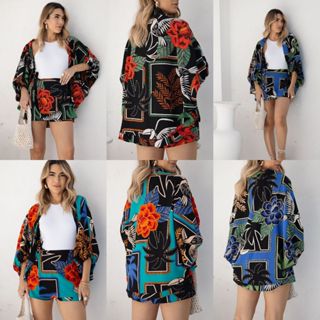Conjunto 2 pc feminino ( kimono + short saia ) , estampa- flores, folhas, pássaros. . tecido crepinho , tamanho único veste 42 , Envio Nacional、Promo Dia 11.11 dia 12.12 Refresque seu verão、