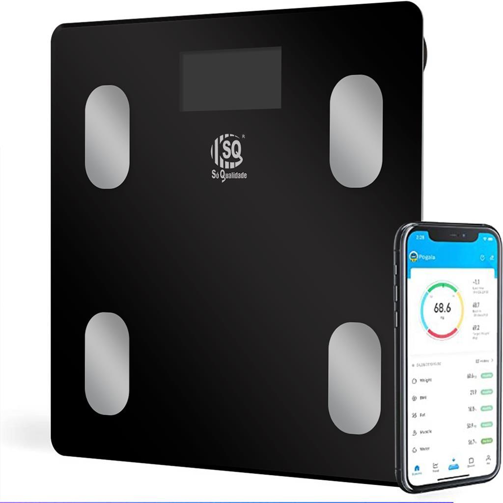 Balança Digital de Bioimpedância Profissional Corporal Fitness Treino para Banheiro Display Lcd - Bluetooth e App, Alta Precisão, Preta, Capacidade até 180Kg